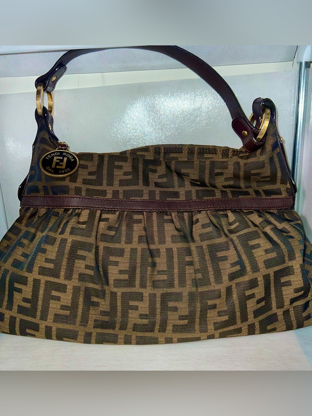 Fendi Brown Monogram Zucca Shoulder Bag with Leather Trim